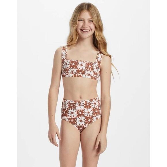 Billabong Girl's A Flower For You Golden Brown High Waisted Tankini Bikini S - Picture 1 of 6